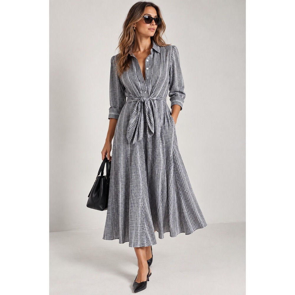 Calvin Klein Black White Gingham Tie Waist Maxi Shirt Dress 12 Cottage Preppy